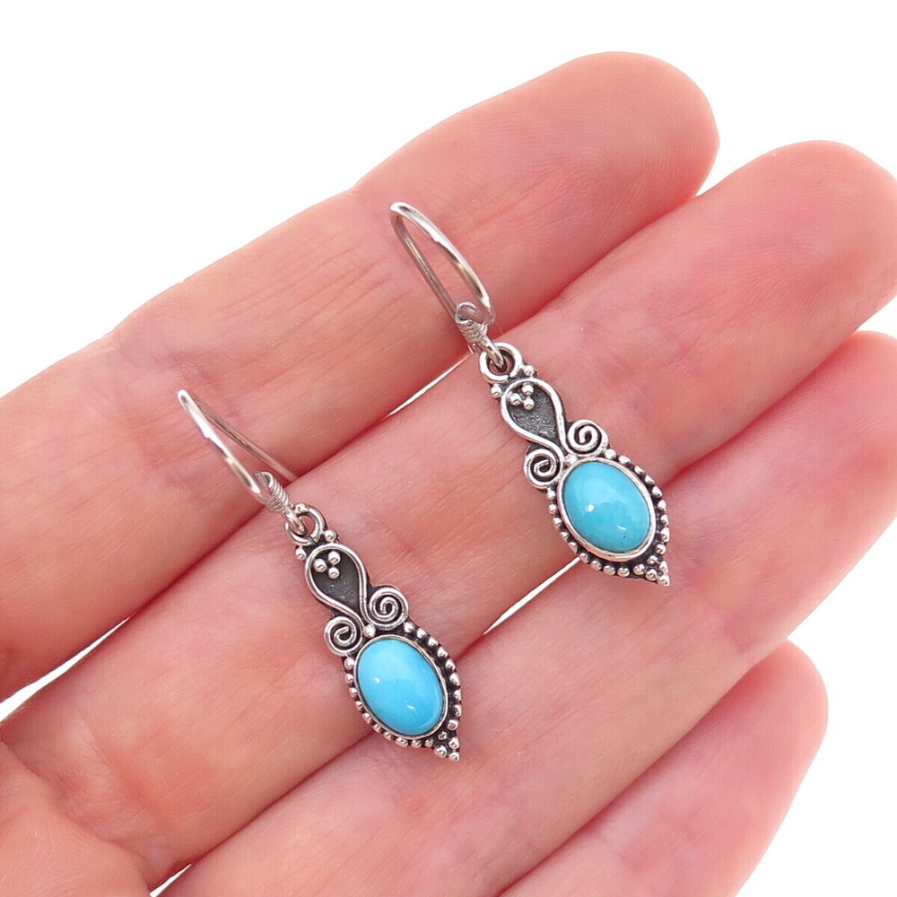 925 Sterling Silver Vintage Real Turquoise Oxidized Dangle Earrings